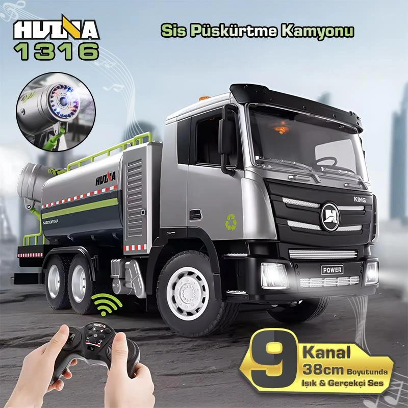Huına 1316 1/18 Rc Sis Püskürtme Kamyonu İş Makinesi Uzaktan Kumandalı Rc Model - 2.4ghz Gerçekçi Similasyon Ses Ve Işık Sistemi