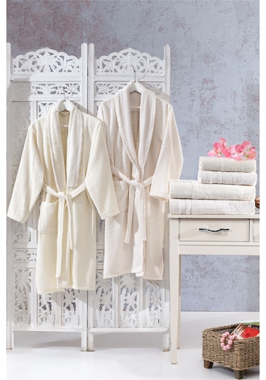 Family Dantelli Krem & Krem Aile Bornoz Seti 6 Parça Çeyizlik Kad Krem