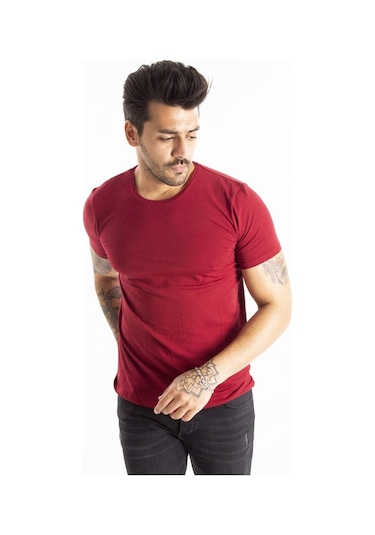 Deepsea Bordo Erkek Dar Kesim Basic Tişört 1801131-Bordo