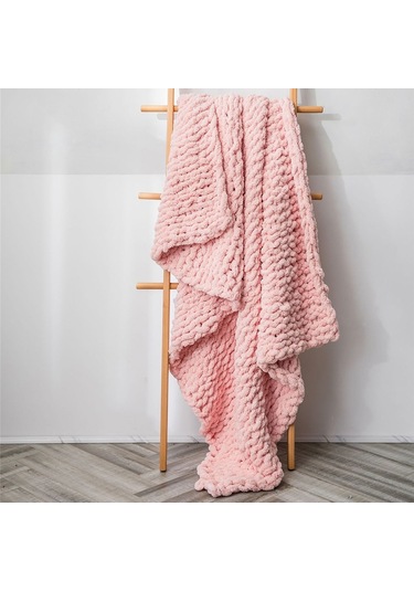 Sones El Yapımı Kalın Yün Örgü Battaniye Kanepe Şönil Çubuk Örgü Battaniye, Boyut: 80 X 100 Cm Pembe