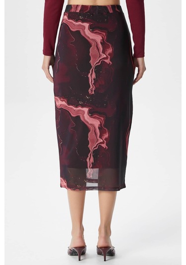 Kadın Dania Astarlı Bel Lastikli Şifon Bordo Midi Kalem Etek Bordo