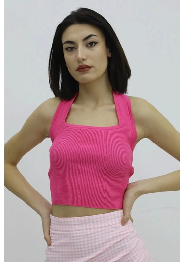 Boyun Geçirmeli Triko Büstiyer Fuşya - P-019915 Çok Renkli