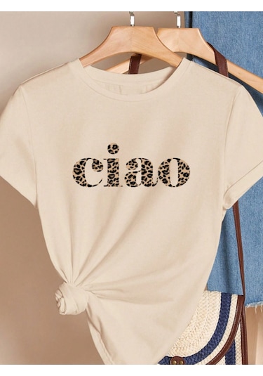 Unisex Pamuklu Ciao Ön Baskılı Tasarım Tshirt Bej
