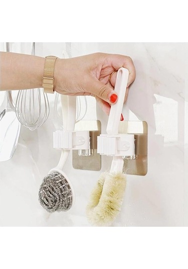 4 Adet Pratik Fırça Süpürge Paspas Mop Tutucu Askı Aparatı Yapışkanlı Sihirli Tutacak Altın