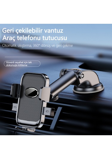 Klasik Emici Askılı Araç Telefon Tutucusu 25cm Uzayan 60x Nano Emiş 360 Dönebilen 5.8-9cm Genişlik 15.5x7.3x11.3cm