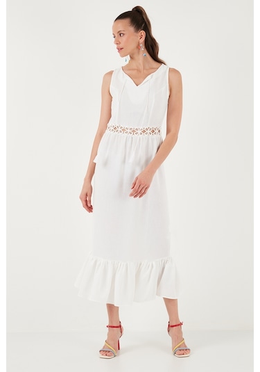 Lela Regular Fit Volanlı Kolsuz Midi Bayan Elbise 611El574 Ekru