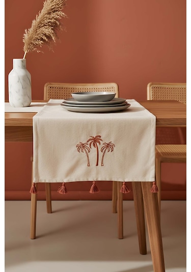 Palmiye Nakışlı Buldan Kumaş Runner 50x130 Cm Krem