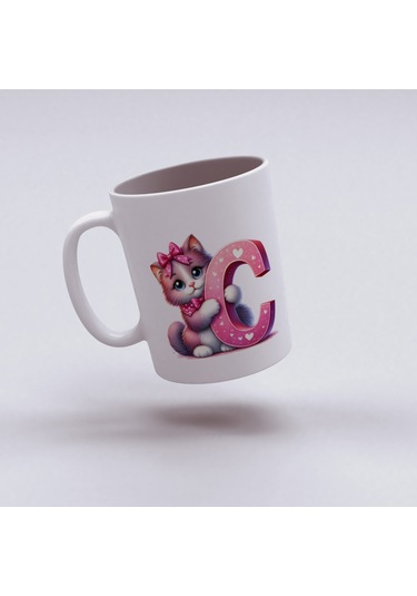 C Harfli Bardak, Sevimli Kedili Pembe Tasarım Bardak, Arkadaşa Aileye Hediye Porselen Beyaz