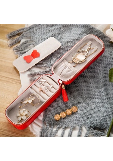 Elmpaly Seyahat Çantası Kırmızı Pu Seyahat Mücevher Kutusu, Taşınabilir Mücevher Kutusu Kırmızı