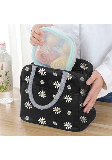 Yalıtımlı Öğle Yemeği Çantası, Papatya Desenli Taşınabilir Termal Soğutucu Çanta, Kadınlar İçin Öğle Yemeği Kutusu Düzenleyici Tote Çanta Siyah Çok Renkli