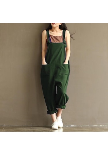 Barbora Keten Askılı Büyük Cep Detaylı Kadın Salopet Tulum Ln283koyuhaki7 001