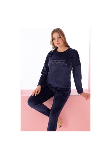 Luxury Velvet Fransız Kadife Yazı Detaylı Pijama Takımı Lacivert Beyaz - Lacivert