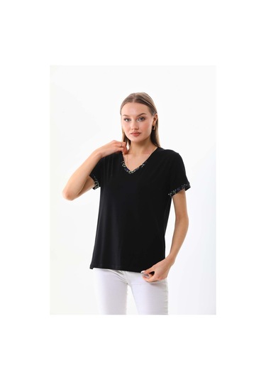 Sistas Kadın V Yaka Kısa Kol Bluz 23152 Siyah