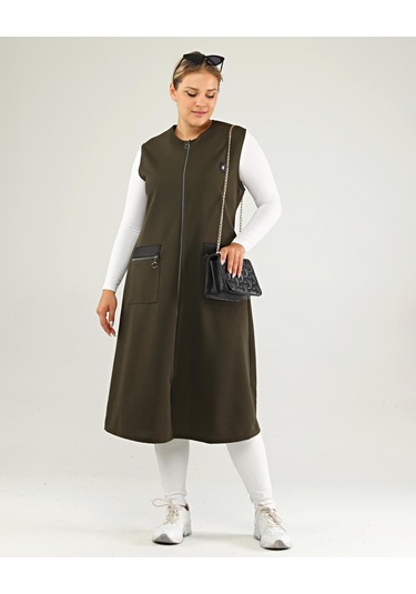 Kadın Deri Cepli Buyuk Beden Uzun Yelek 001