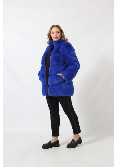 Moda Berray 3258 Kadın Fermuarlı Dık Yakalı Lüks Suni Kürk Kaban Saks