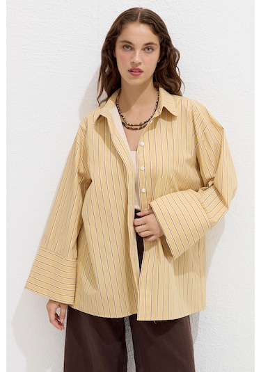 Manuka Çizgili Pamuklu Gömlek Sarı Çizgi Sarı