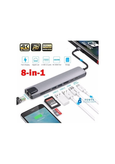 8 In 1 Çift Type-C Usb 3.0 4K Hdmı Rj45 Çevirici Macbook Çoklayıc
