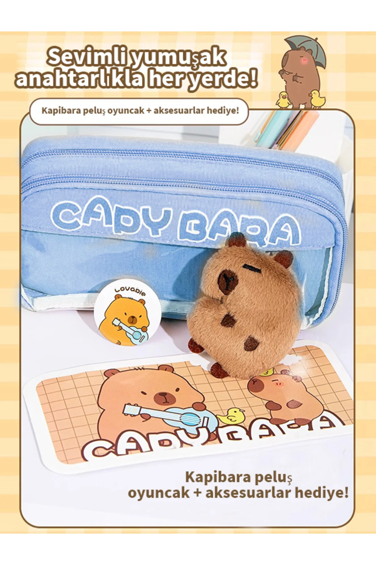 Capy Bara-40 Kalem Kapasiteli Çift Katlı Kalemlik Rastgele Broş & Oyuncak Mavi