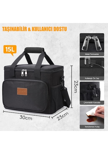 Haegs Termal Çanta, Soğuk Sıcak Tutucu Beslenme Çantası, Soğutucu Buzluk Yemek Çantası 15l - Siyah