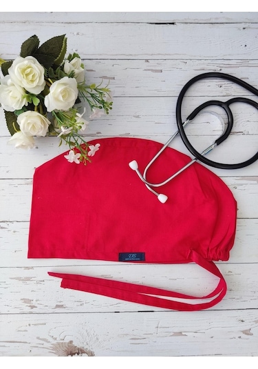Tesettür Kırmızı Tek Renk Cerrahi Bone Doktor Hemşire Sağlıkçı Bonesi Geniş Kesim