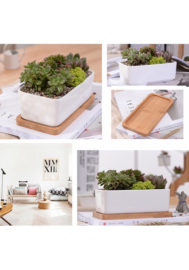 Yifomall Beyaz Seramik Dikdörtgen Saksı - Bambu Tepsi İle Minimalist Sukulent Ve Çiçek Saksısı