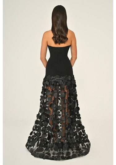 Krep Eteği 3 Boyutlu Tül Uzun Abiye Elbise Alfa Beta B7067 Siyah - Siyah
