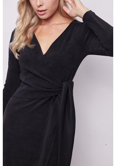 Kadın Hafif Likralı Triko Kruvaze Anvelop Bağcıklı Uzun Kol Diz Altı Uzun Elbise-siyah Siyah
