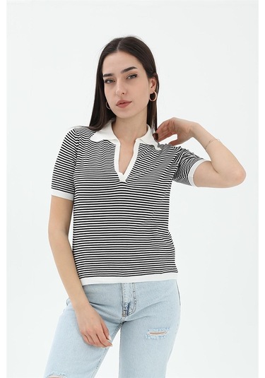 İnce Çizgili Polo Yaka Triko Kazak - Beyaz - Kadın Beyaz