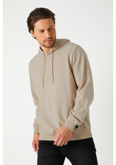 MMetalic Bej Erkek Kapüşonlu Kanguru Cepli Sweatshirt Bej