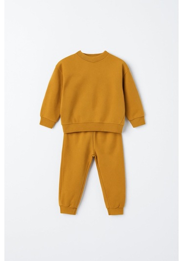 Unisex Çocuk Dikiş Detaylı 3 İplik Hardal Alt Üst Takım Hardal