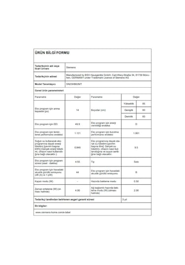 Siemens SN23HB62MT 6 Programlı 14 Kişilik Bulaşık Makinesi