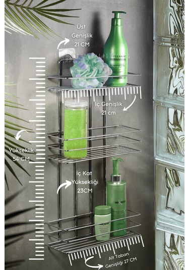 3 Katlı Krom Yapışkanlı Banyo Rafı, Şampuanlık Duş Düzenleyici, Paslanmaz Metal Banyo Duvar Askısı - TŞ-03