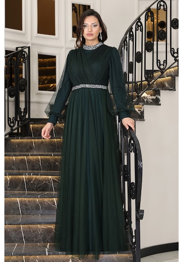 Senna Taş Detaylı Büyük Beden Şık Tesettür Abiye Zümrüt