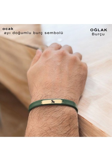Archin Oğlak Burçlarına Yeşil Derili 14 Ayar Altın Plakalı Dikdörtgen Motifli Hediye Bileklik-371burç Oğlak
