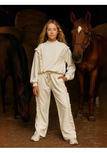 Kız Çocuk Fırfırlı Tasarım Eşofman Takımı-16228 Ekru