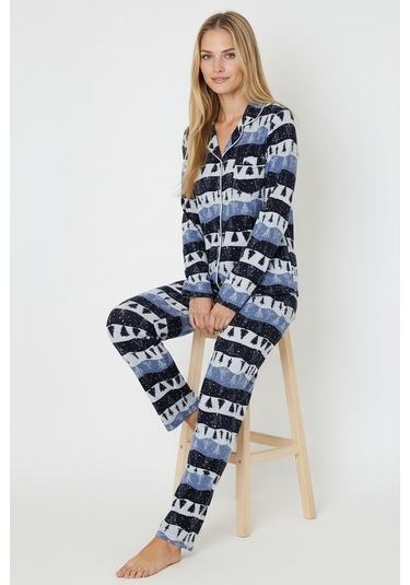 Luxury Soft Lacivert Çam Ağacı Desenli Uzun Kollu Kadın Pijama Takımı 3048 Mavi
