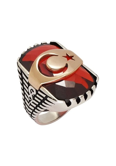 Kırmızı Zirkon Taşlı Ay Yıldızlı 925 Ayar Gümüş Erkek Yüzük