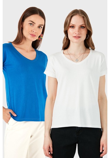 Lela V Yaka Relaxed Fit Yırtmaç Detaylı 2'Li Paket Bayan Bluz 5862000S2 Ekru-Saks