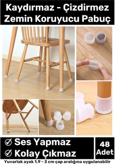Premium Kaydırmaz Çizdirmez Mobilya Masa Sandalye Zemin Koruyucu Silikon Pabuç Ayak Kılıf 48 Adet