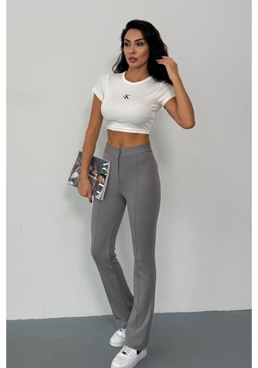 Krep Kumaş Likralı Önü Çimalı Kahverengi Kadın Palazzo Pantolon Gri