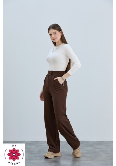 Kadın Gri Cırt Cırtlı Kapama Rahat Palazzo Likralı Esnek Beli Lastikli Pantolon Yüksek Bel Kahverengi