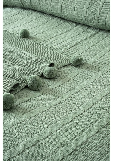 Çift Kişilik Ponponlu Triko Örme Battaniye Mint Yeşili