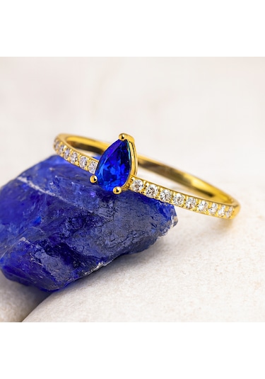 14 Ayar Altın Damla Kesim Safir Yüzük 14 Ayar Altın