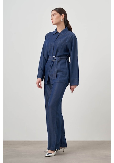 Mizalle Tencel Dokulu İndigo Tunik Mavi