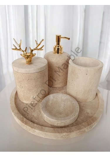 Sarı Traverten Klasik Model 5 Parça Gold Renk Geyik Aksesuarlı Banyo Seti Sarı Traverten