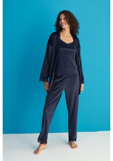 Kadın 13402-1 Dantelli Sabahlık Kadife Pijama Takım Lacivert