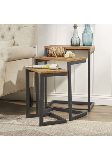 Viel Masif Panel Doğal Ahşap 3'lü Zigon Sehpa Siyah