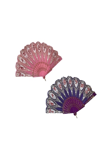 Yelpaze Şık Doğal Serinletici 877-11 Gül Motifli Yelpaze Pembe / Mor