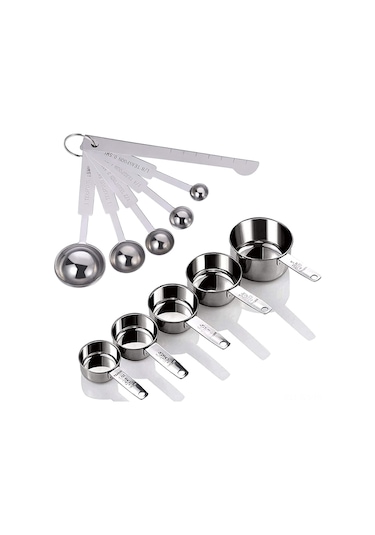 Fosenze Stainless Steel Ölçüm Seti 11 Parça: 5 Kadeh 30-250ml + 5 Kaşık 0.5-15ml + Düzleştirici Aracı - Gümüş Renk Gümüş