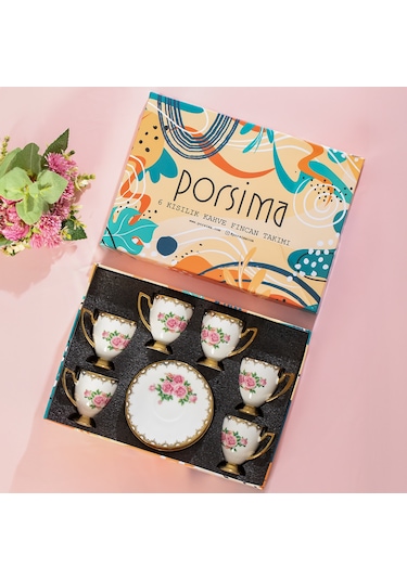 Porsima 3188 Rosemary 12 Parça Yaldızlı Porselen Türk Kahve Fincan Takımı Çok Renkli
